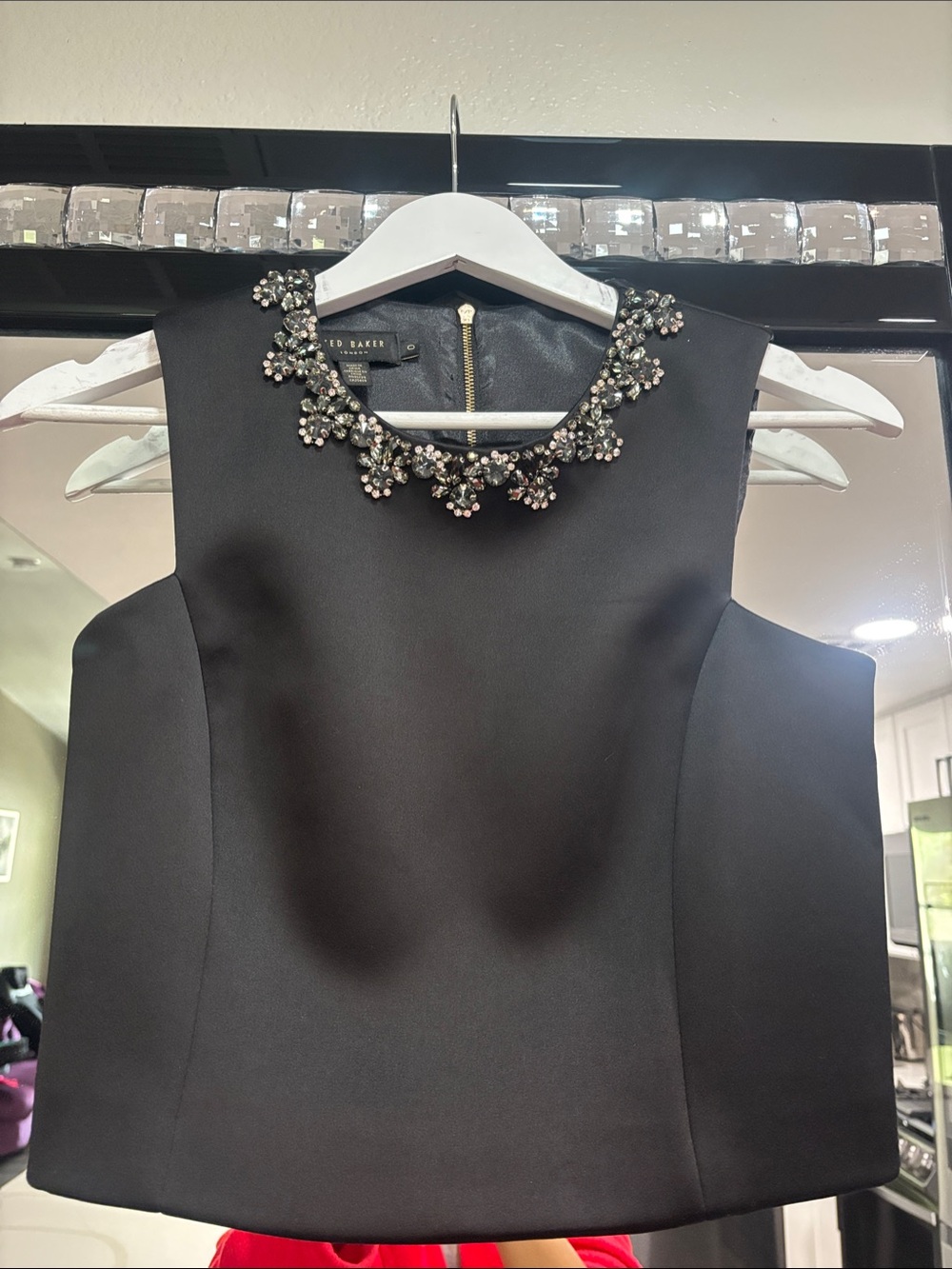 Ted Baker Black Sleeveless Top with Jeweled Floral Collar